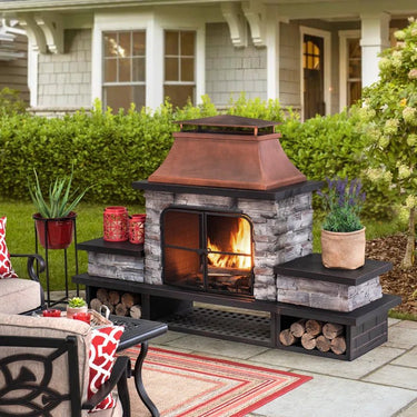 Sunjoy Quillen Outdoor Fireplace, Patio Wood Burning Fireplace with Steel Chimney, Mesh Spark Screen Doors and Fire Poker - Melillo EnterprisesAll categories